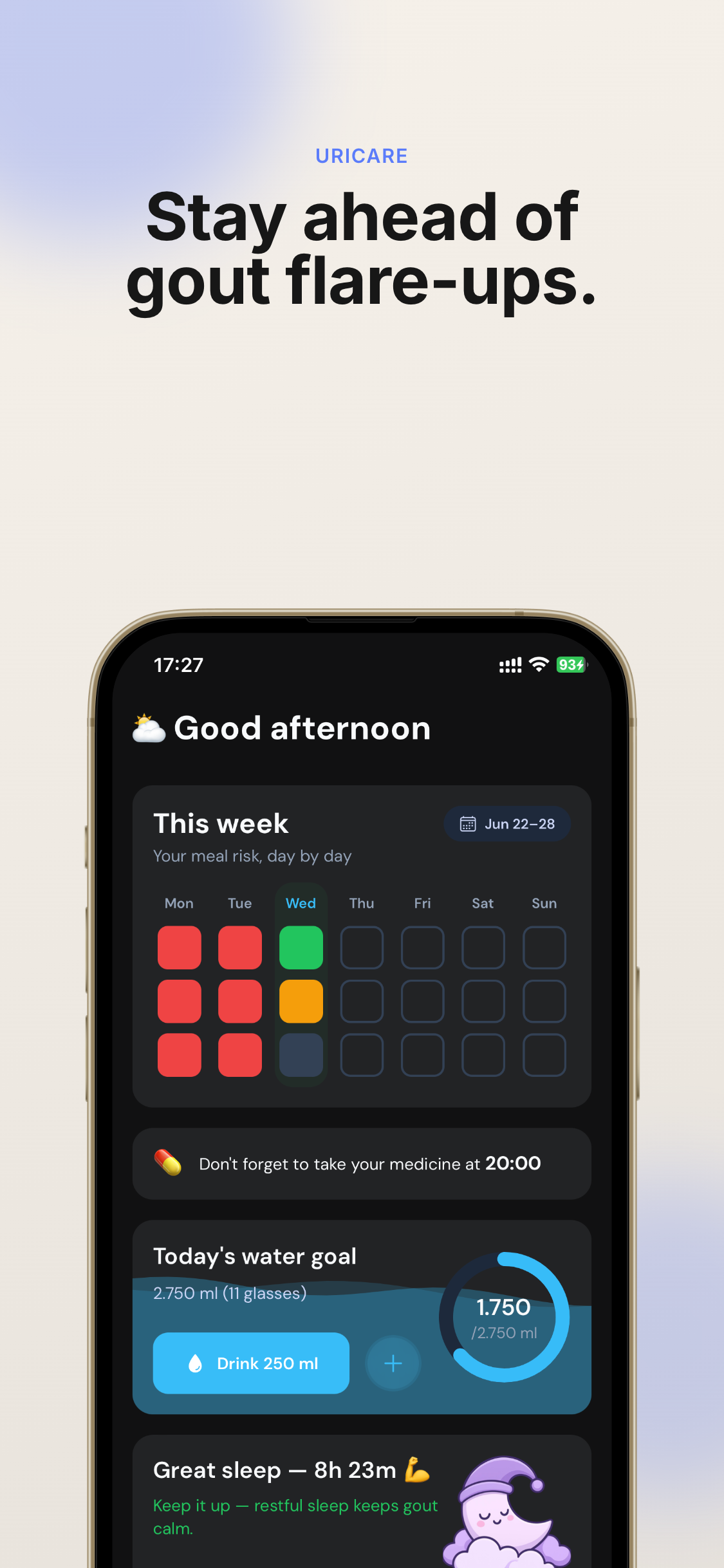 PurinCare home screen showing weekly meal risk, hydration goal and sleep summary